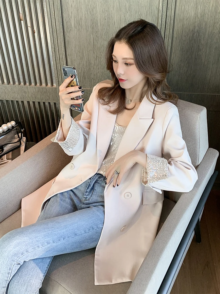 UNXX 2024 Spring New Arrival Designer Unique Loose Blazer for Women female office lady, Casual Sequin Sleeve Trendy Black Jacket