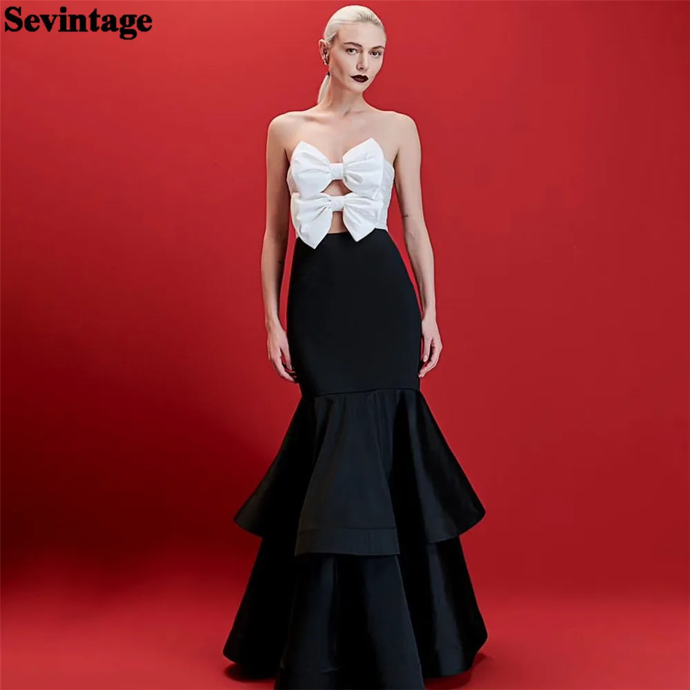 Sevintage Fashion Black White Mermaid Prom Dress Satin Strapless  Ruched Tiered Floor Length Evening Dress vestido de gala 2024