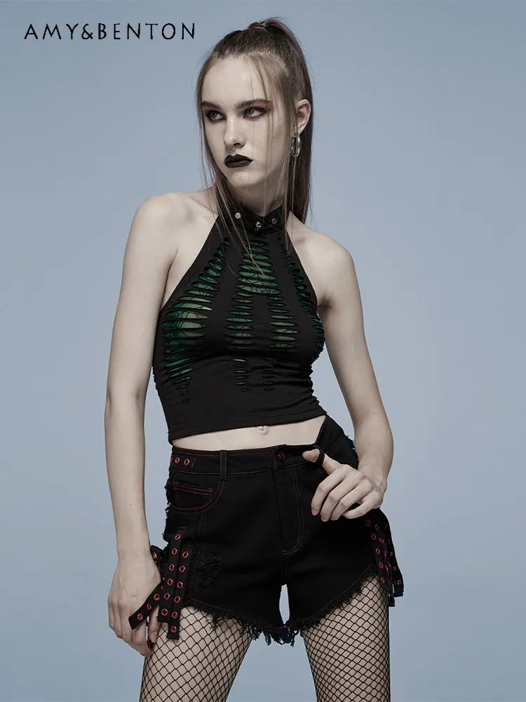 

Summer New Y2K Trendy Gothic Mesh Halter Vest Women Slim Cropped Navel Bare Perspective Sleeveless Black Street Top