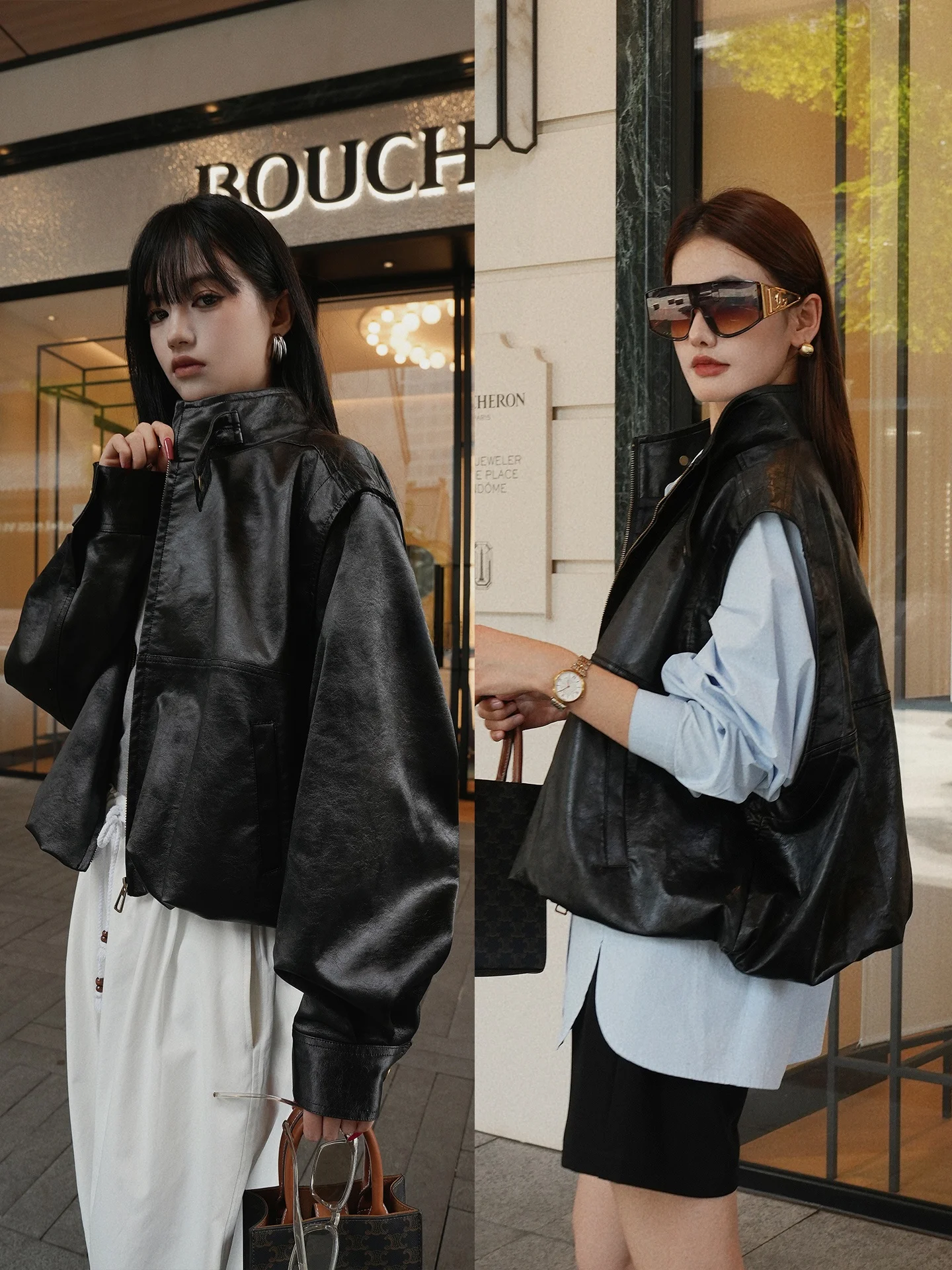 QCEO Women's Short Jacket Double Wear Design Sensation Stand Collar Flower Bud Shape Coat Loose Fit Autumn Winter Leather