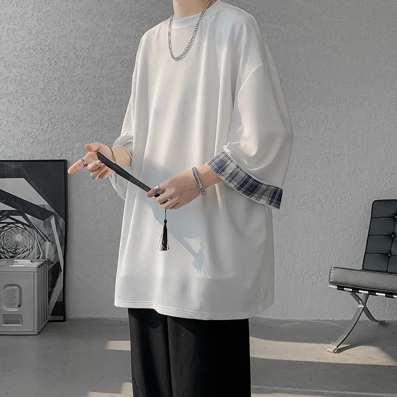Spring Summer Men's Ice Silk T-shirts Women Oversized Plaid T-shirt Korean Style Casual Seven sleeves T-Shirt Male