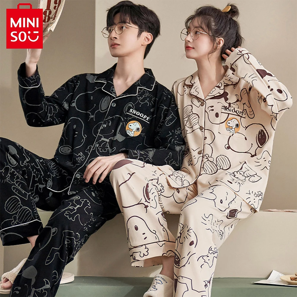 

Anime Snoopy Pajamas Set Kawaii Couple Spring Autumn Cotton Cardigan Pajamas Lapel Long Sleeve Home Clothes Set Birthday Gift