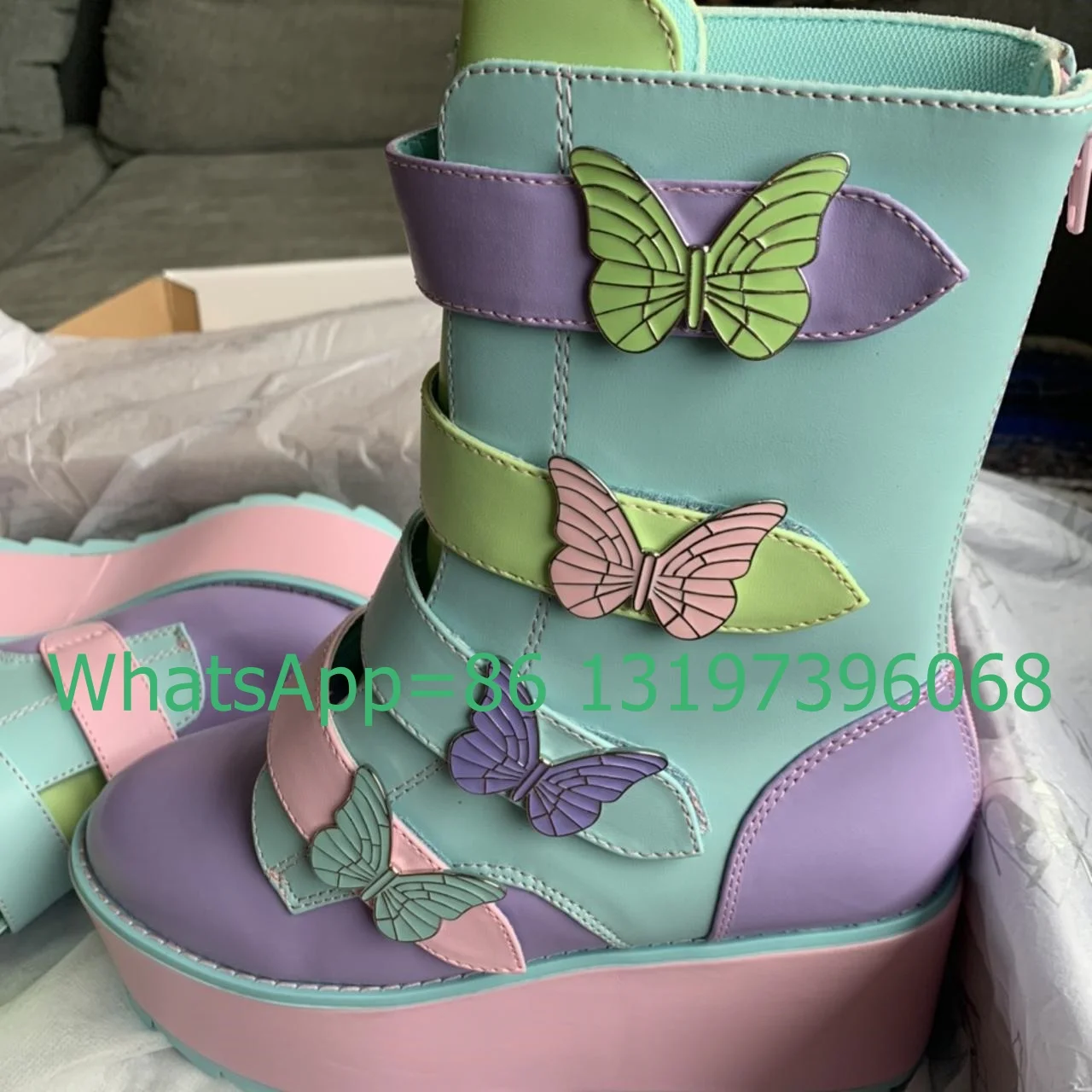 Lady Y2K Rainbow Colorful Platform Butterfly Design Boots Buckle Strap Footwear Colorful Candy Mary Janes Punk Boots Size 35-46