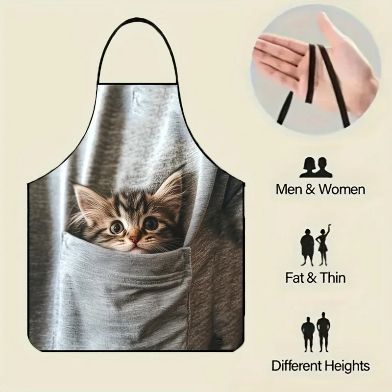 1pc Cute Kitten Pattern Neck-Hanging Apron with Pocket Practical for Men Women, Perfect for Gardening Baking Painting BBQ Party