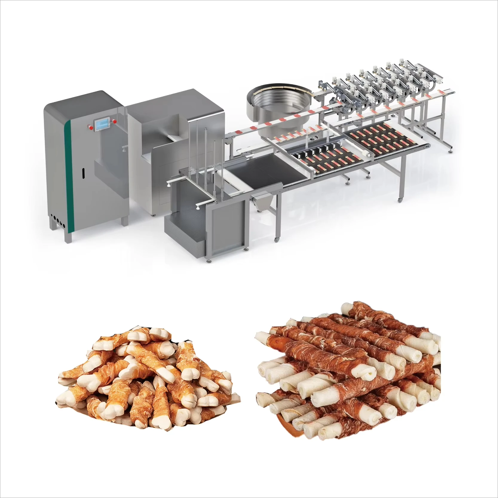 معدات تجهيز أغذية الحيوانات الأليفة لخط إنتاج أغذية القطط الأوتوماتيكي بالكامل خط تغليف شرائح اللحوم على شكل عظمة الكالسيوم التلقائي