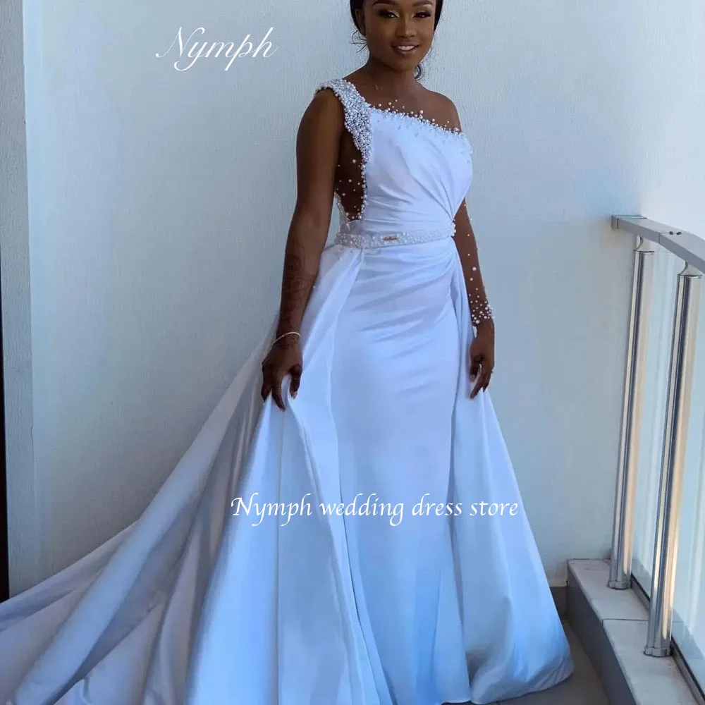 Customized Sparkly Pearls Robe Beads Mermaid Wedding Dress one shoulder Beaded Belt Beach Bridal Gown Scoop Vestido De Noiva