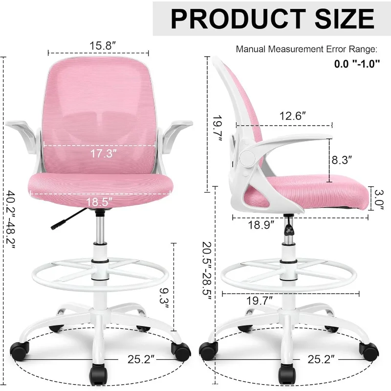 home. Drafting Chair Tall Office Chair with Flip-up Armrestswith Lumbar Support and Adjustable Footrest Ring (Pink)