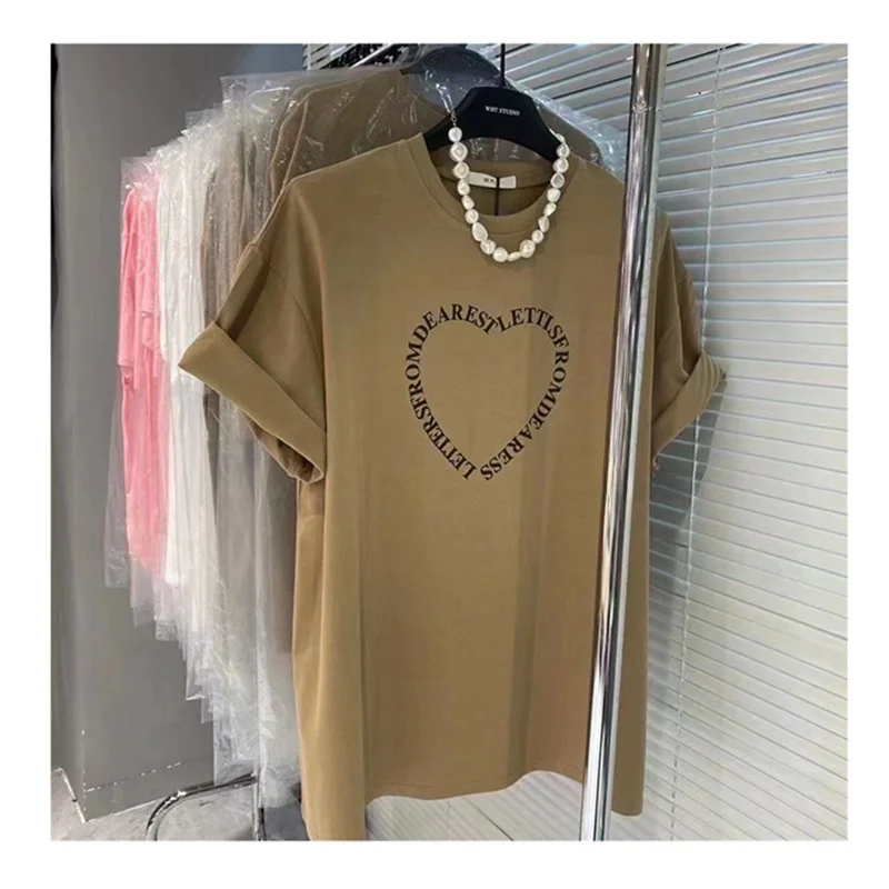 

Летняя женская футболка Dongda Gate с коротким рукавом, свободного кроя, с принтом «Love Letter», молодежная, универсальная, с круглым вырезом, из хлопка, повседневный топ