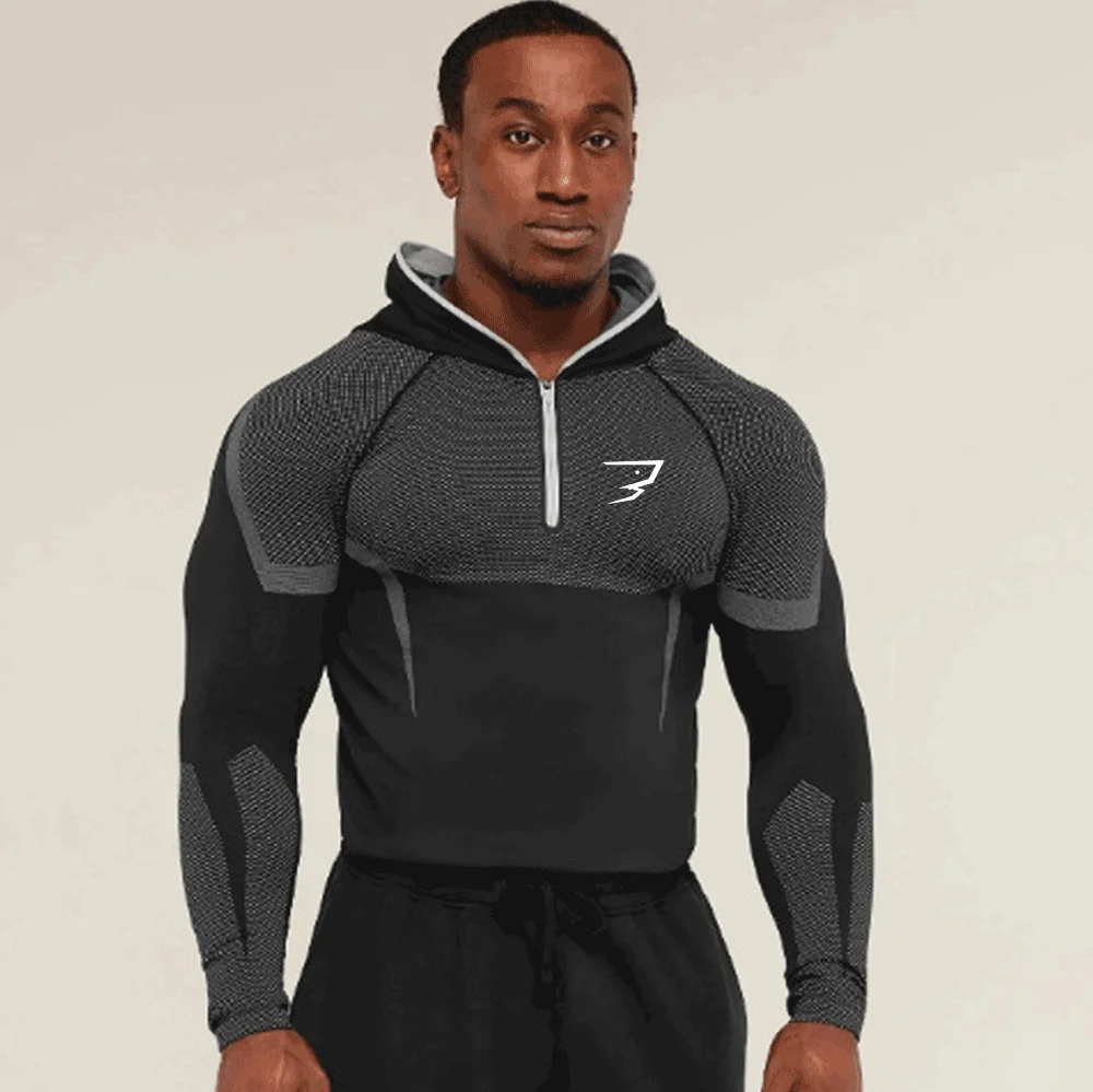Men's Quick Dry Compression Hoodie Long Sleeve Half Zip Gym Shirt Breathable Fitness Workout Running Sports Top view 2