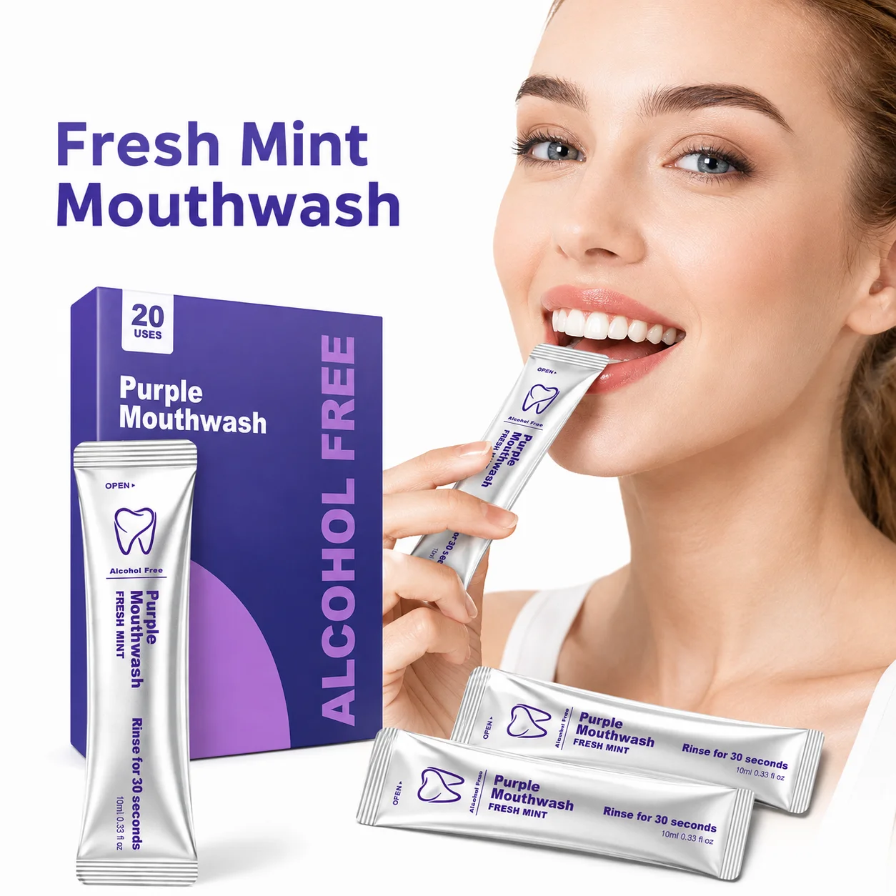 Purple Teeth Whitening Mouthwash Gentle Alcohol Free Mint Oral Care Rinse for Coffee Food Stains and Fresh Breath