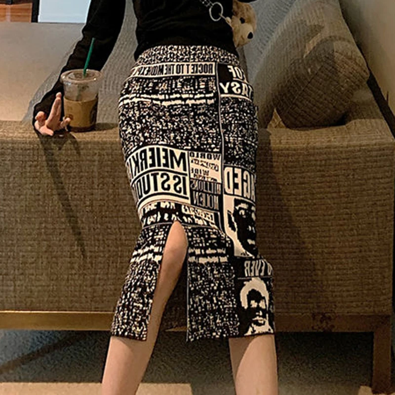 Black retro graffiti high waist women's new mid length split knit A-line skirt one-step skirt in autumn  Cotton  Casual  Button