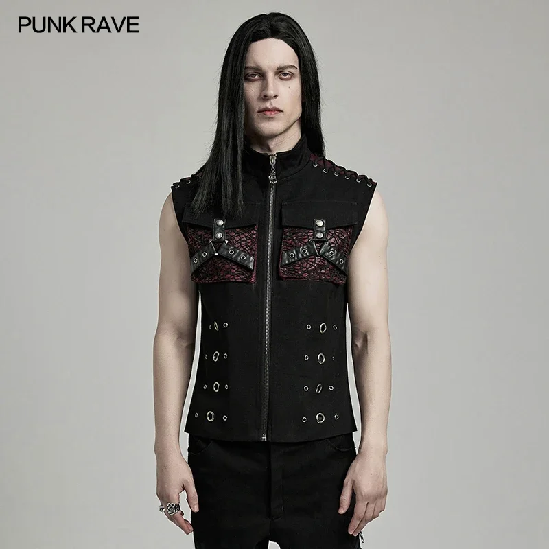 

PUNK RAVE Men's Punk Personalized 3D Pockets Vest Shoulder Eyelet Drawstring Decoration Handsome Casual Tops 2 Colors Available