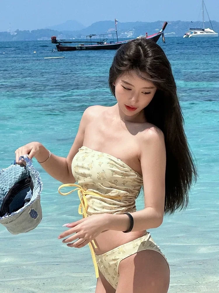 

Sweet Yellow Floral Print Bikini Separate Strapless White Enhancing Beach Swimming Suit for Women Island Deer Brand