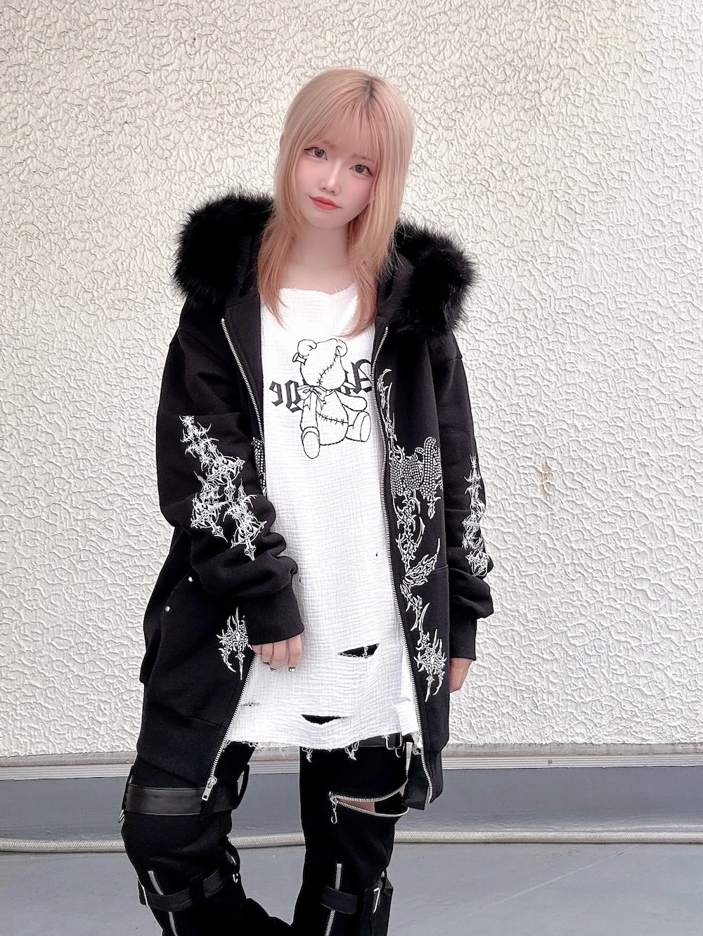 

Japanese Harajuku Style Plush Hooded Beaded Rhinestone Printed Thick Loose Coat Subculture Gothic Sweet Cool Oversized Coats
