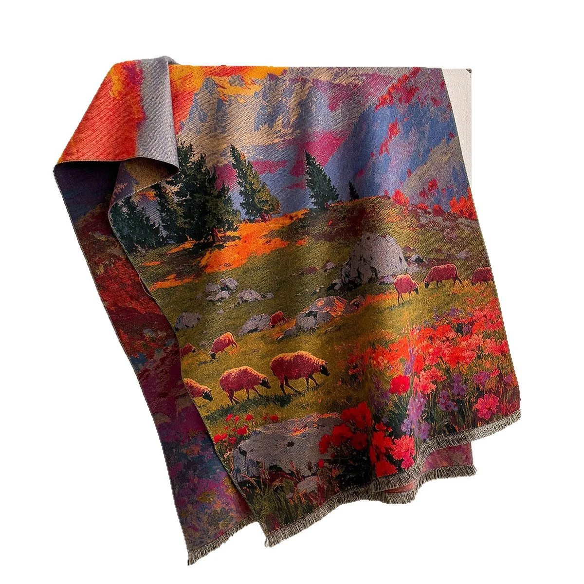 2026 Fall Winter Vintage Pasture Sheep Oil Painting Imitation Cashmere Scarf Women Versatile Tassel Shawl Wrap Orange Red Soft