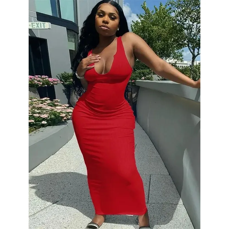 فستان نسائي مضلع محبوك مخطط بدون أكمام فستان ميدي برقبة على شكل V مثير ملابس خروج للحفلات والنوادي صيفي أنيق