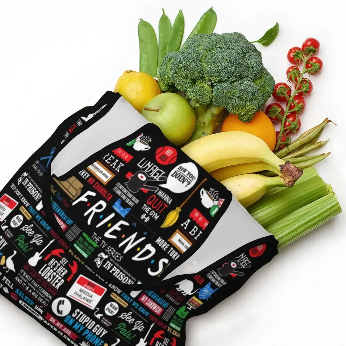 

Custom Funny TV Show Friends Collage Shopping Canvas Bags Women Portable Large Capacity Groceries Tote Shopper Bags Handbags