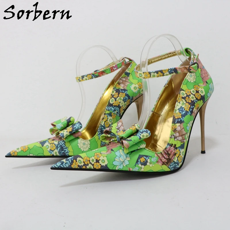 Sorbern Vintage Flower Print Women Pump Shoe Ankle Straps Pointed Toe 12Cm Metal High Heel Stilettos Bowknot Prom Party Heeled