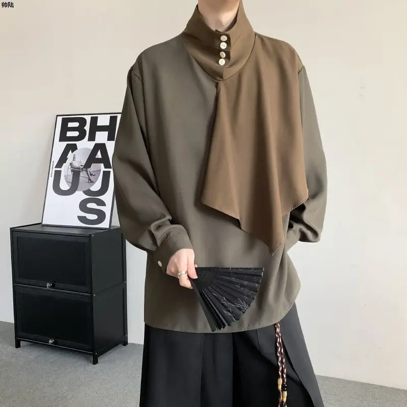

Spring French Japanese Retro Style Design Men's Clothing New Chinese Style Half-high Collar Button-down Shirt High-end Shirt