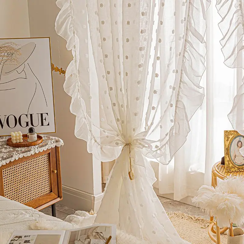 French white lace gauze curtain bedroom ins wind lotus leaf edge bay window curtain gauze curtain dream  partition half
