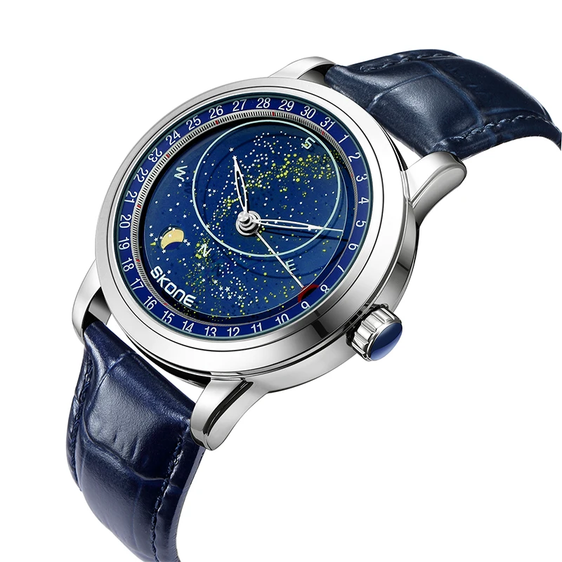 นาฬิกาข้อมือผู้ชายกันน้ำนาฬิกากลไกอัตโนมัติสำหรับผู้ชายดีไซน์เพชรดาวเรืองแสงของแท้