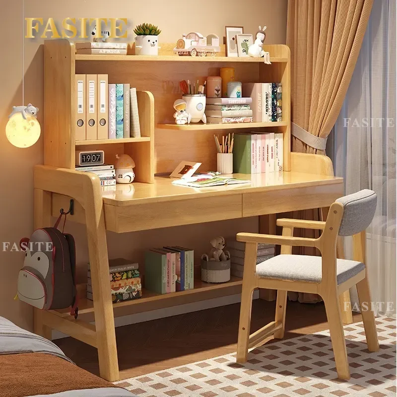 For Solid Wood Children Desk Bookshelf Integrated Liftable Writing Table Student Home Study Computer Desk with Chair Cover