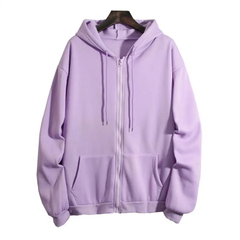 Autumn Winter Hooded Sweatshirt Coat Drawstring Pockets Zipper Closure Thin Fleece Lining Jacket Sweatshirts For Women