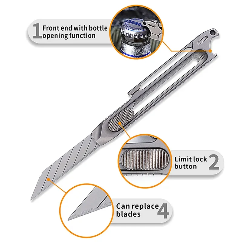 Imagem -03 - Atualização Art Telescopic Utility Knife Titanium Alloy Handle Abridor de Garrafas Cortador de Papel Ferramentas do Bolso Lâmina Substituível 10 Pcs