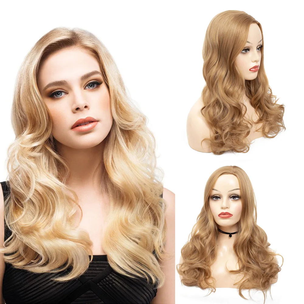 Women Golden Blonde Long Wavy Wig 26inch High Temperature Fiber Breathable Rose Net Synthetic Full Wig