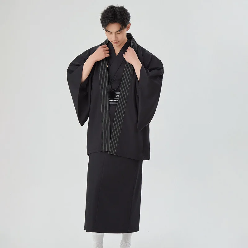 Japanese Traditional Men's Kimono Set with Haori, Samurai Robe with Belt, Home Bathrobe, Cosplay Costume