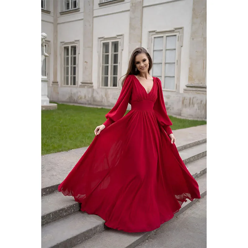 Classy Red V-Neck Evening Dresses Long Sleeves Chiffon Prom Party Dress Special Occasion Dress Floor-Length Bridesmaid Dress