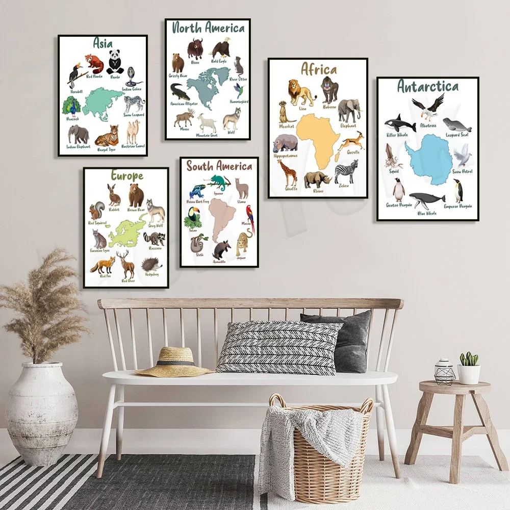 South America, Antarctica, North American continent animal patterns, Asia, Europe, Africa, Australia animal education posters