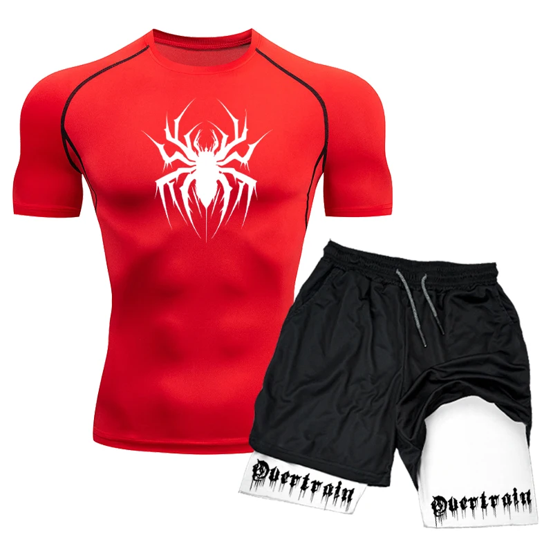 Men\'s Workout Compression Set Y2K Spider Printed Gym Tshirts Breathable Running Shorts Quick Dry Sports Rash Guard Sportwear Set