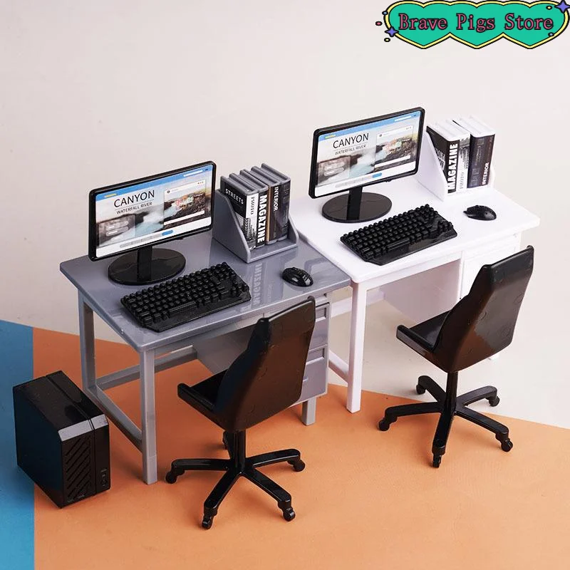 1 Set Computer Keyboard Desk Chair Kit Furniture Decor 1/12 Miniature Home Study Room