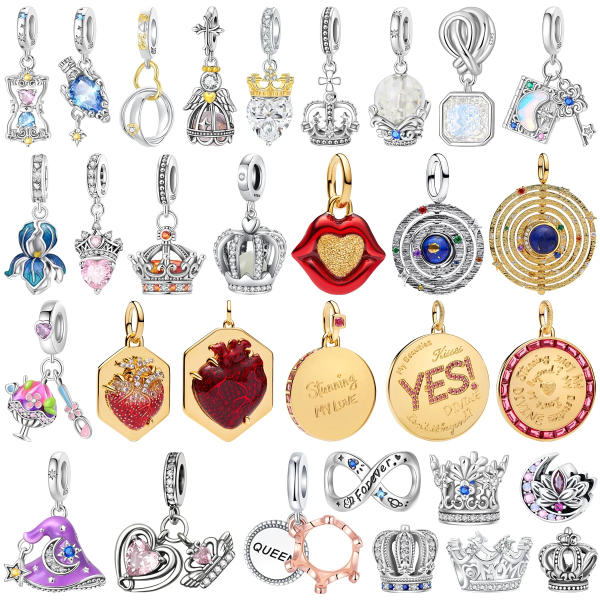 New 925 Sterling Silver Charms Flower Crown Lips Magic House Heart Beads Pendant Fit Women's DIY Bracelet Necklace Jewelry Gift