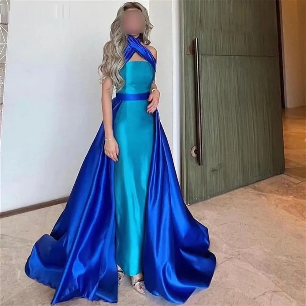 High Neck Sleeveless Elegant Mermaid Long Evening Dress Ankle Length Sweep Train Pleat Ruched Fashion Prom Gown New 2024S-218