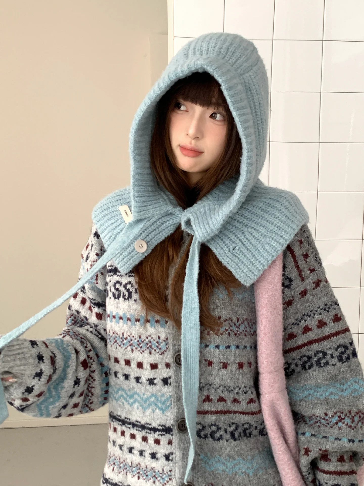 Woolen Yarn Balaclava For Women Winter Warm Earmuffs Hat Scarf