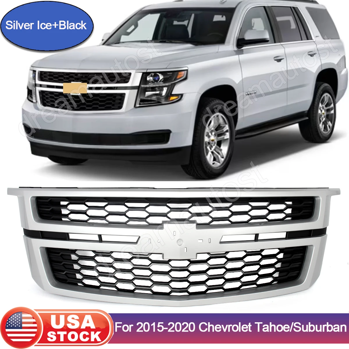 

Front Center Grille Modified Grill For 2015-2020 Chevrolet Tahoe Suburban Front Bumper Upper Grille Air Intake Mesh Grill Silver