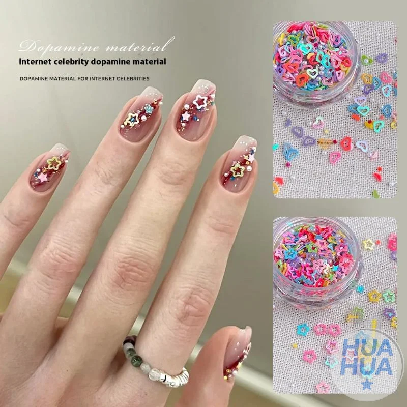 HUA HUA Dopamine – paillettes pour ongles, couleurs mélangées, ajourées, pentagramme en forme de cœur, perles, breloques pour Nail Art, accessoires de décoration pour ongles