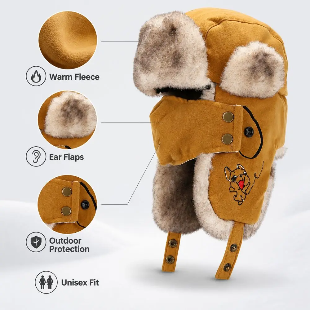 New Faux Fur Lining Trapper Hat With Facemask Warm Earflap Hat Waterproof Bomber Hat Winter Outdoor Wear