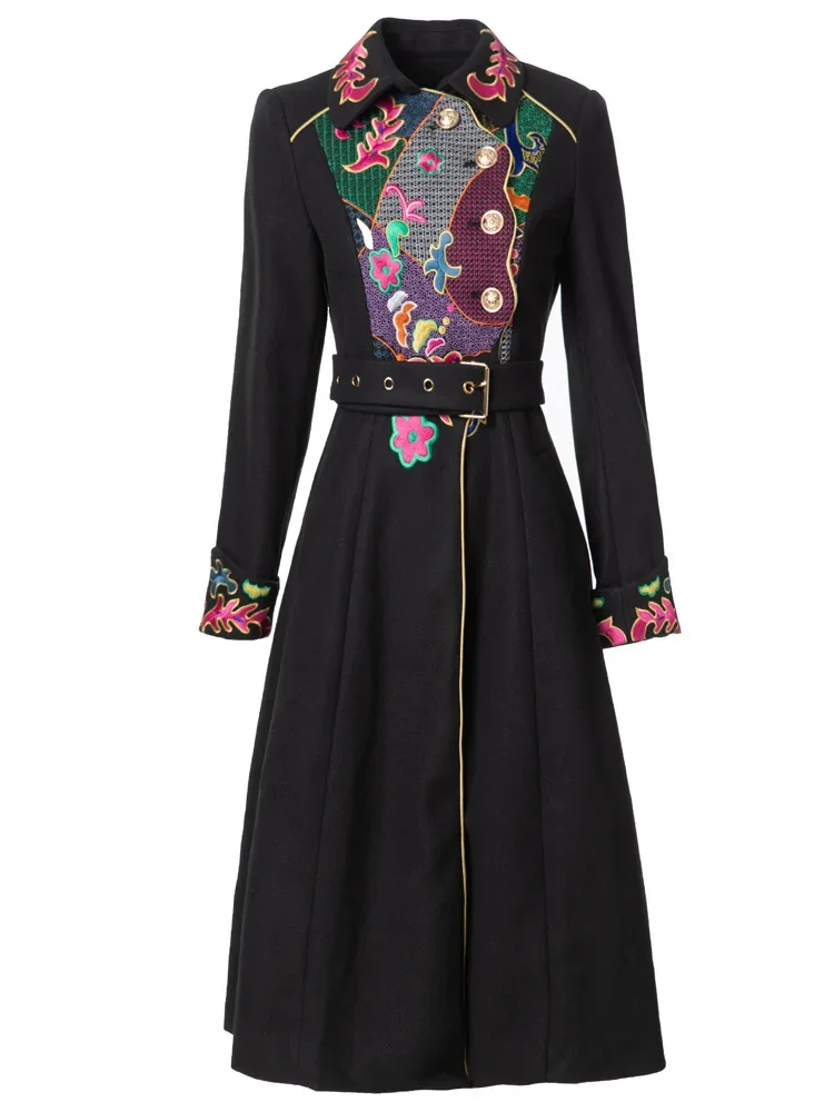 Heavy Industry Flower Embroidery Collar Gold Button Long Sleeve Belt Black Coat Coat Autumn/Winter Women's New Collection 2024