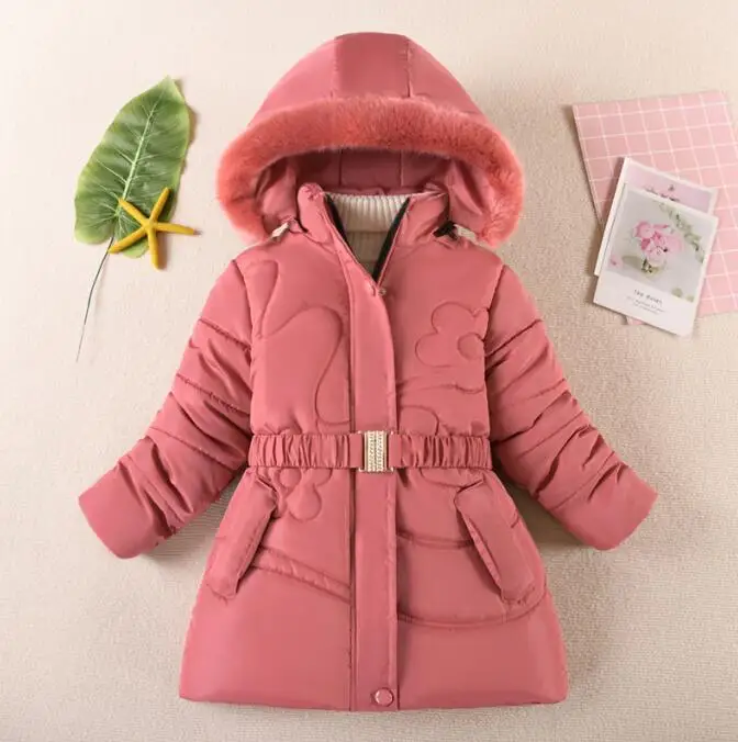 5-12Y Thick Keep Warm Winter Girls Jacket Detachable Hat Plush Collar Hooded Padded Lining Coat Kids Children Birthday Present