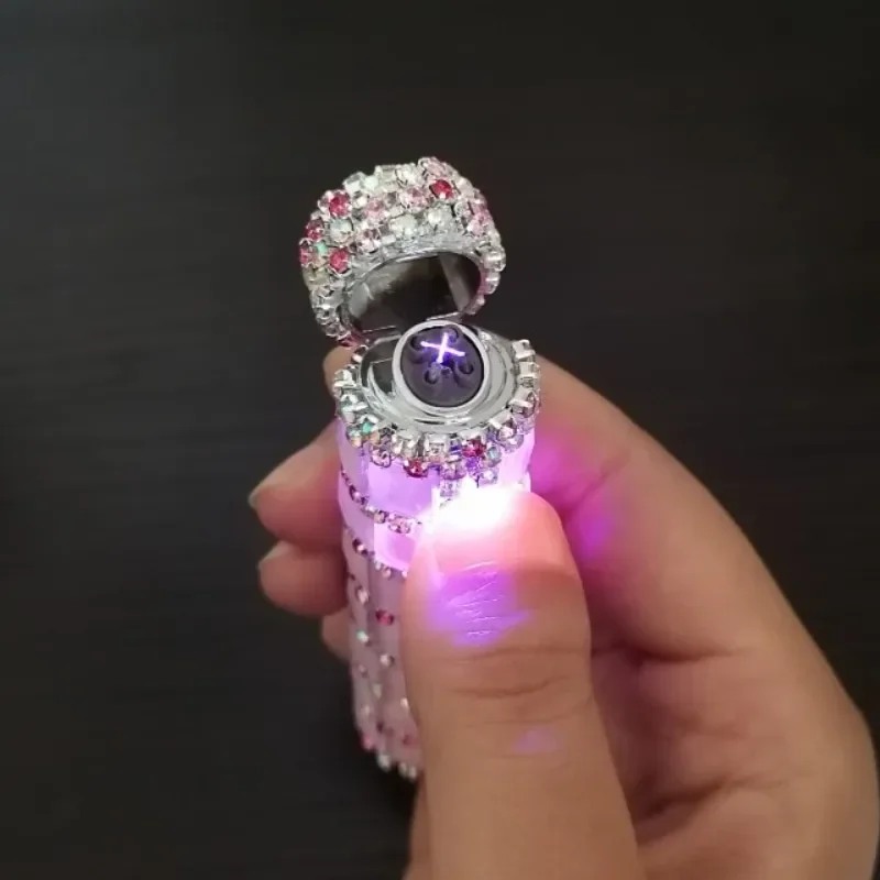 Exquisite Rhinestone Lighter Cylindrical Shape USB Rechargeable Lighter Dual Arc Ignition Smoking Lighter Special Gift For Women