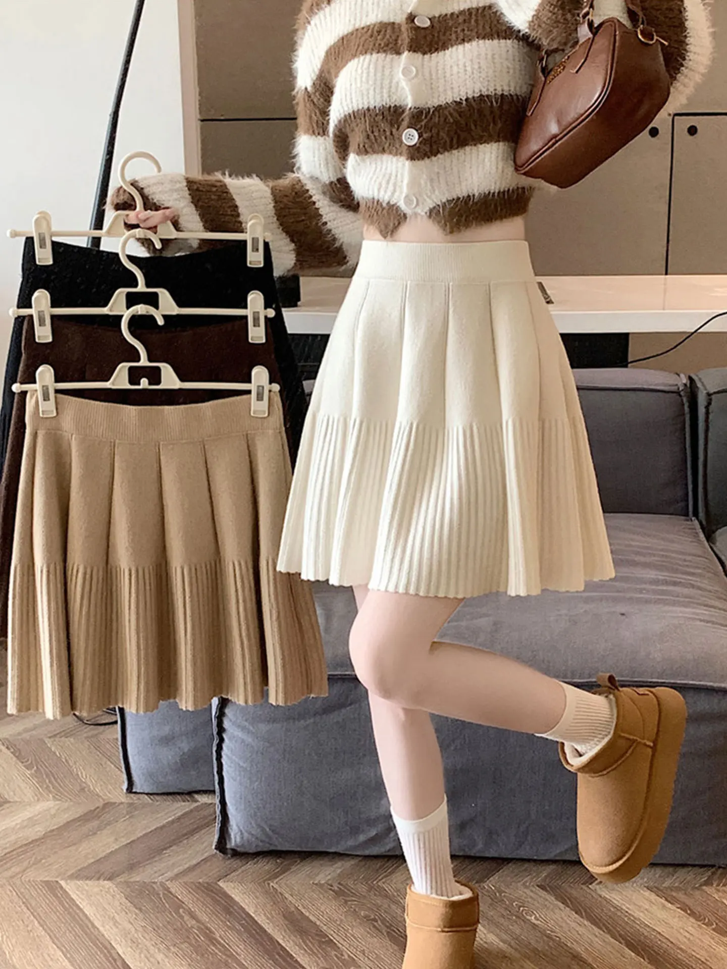 

High Waist A-Line Knitted Skirt for Women Autumn Winter plus Size Conceals Belly Pleated Skirt Ele Slimming Design