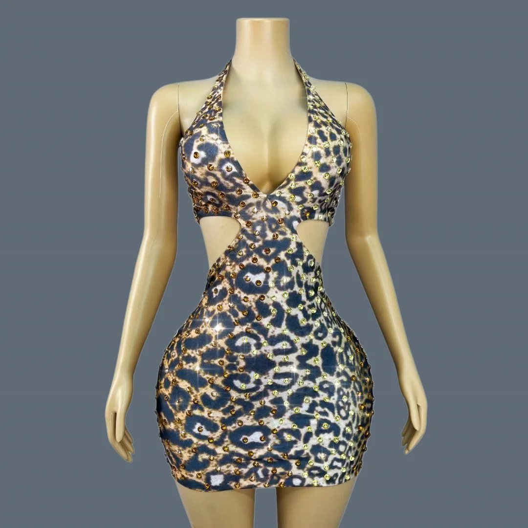 

Leopard Print Sparkly Rhinestone Cutout Mini Dress Fashion Women Halter Sheer Bar Club Stage Performance Dance Bodycon Weibobao