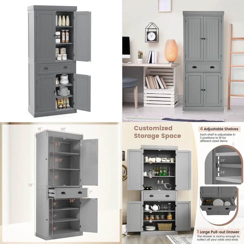 

Kitchen Pantry Cabinet, Kitchen Cupboard with 2 DoubleDoors Cabinet, Large Drawer, 4 Adjustable Shelves, Traditional Tall Stora