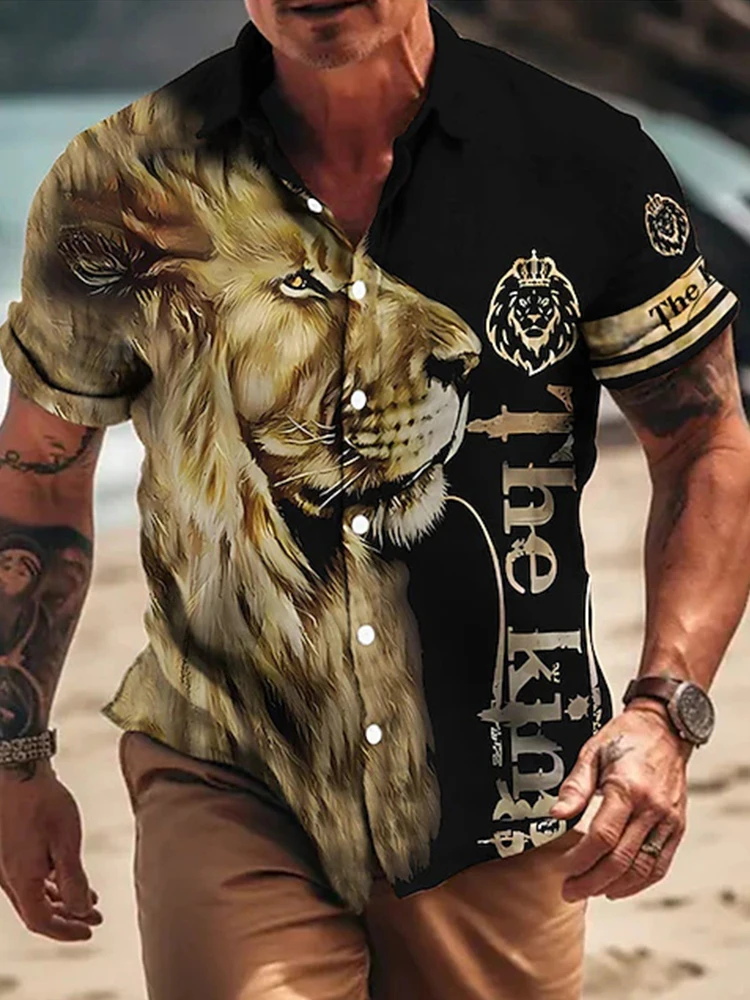 Domineering Lion Print Fashionable Men's Lapel Shirt Autumn Street Fashion Long-sleeved Shirt Comfortable And Versatile Top