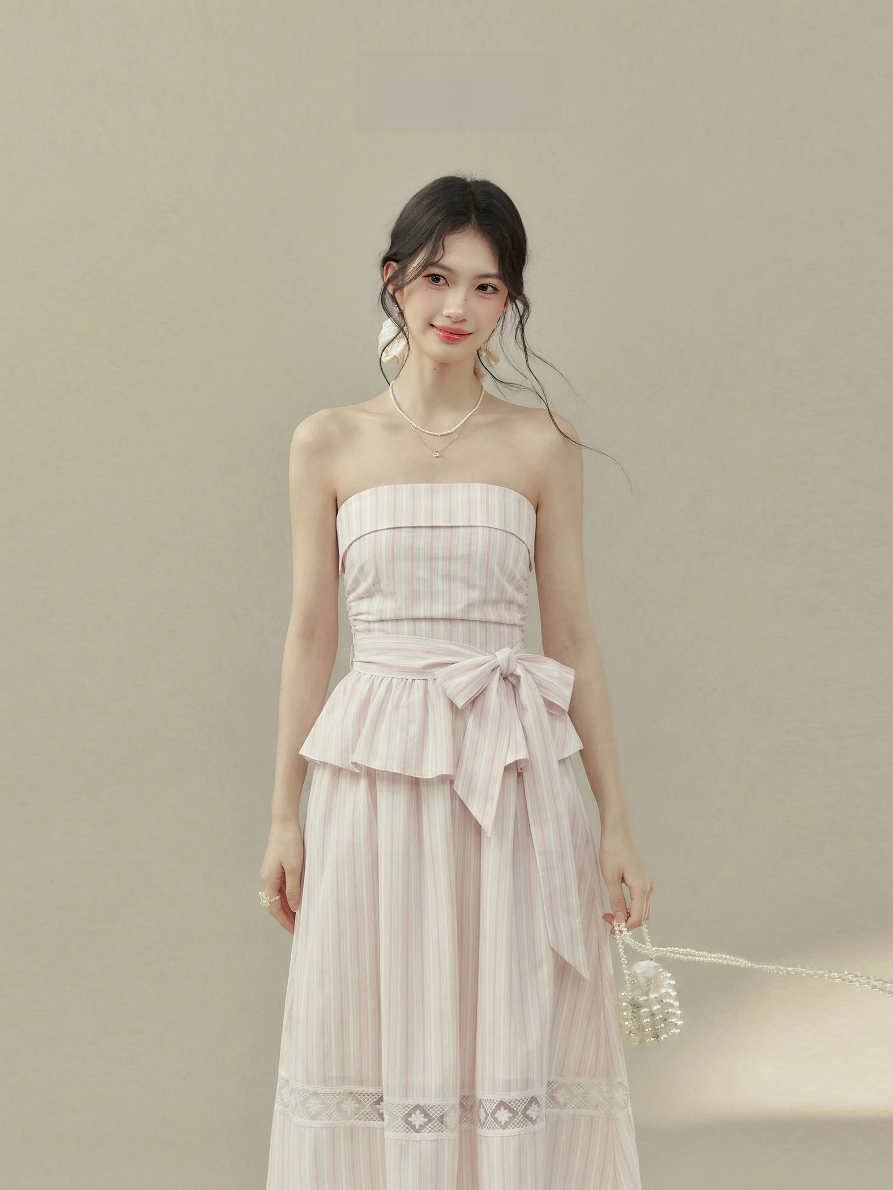 

Летнее розовое полосатое платье с бретельками на шее и завязками на талии, модный комплект из двух предметов для женщин, весна-лето