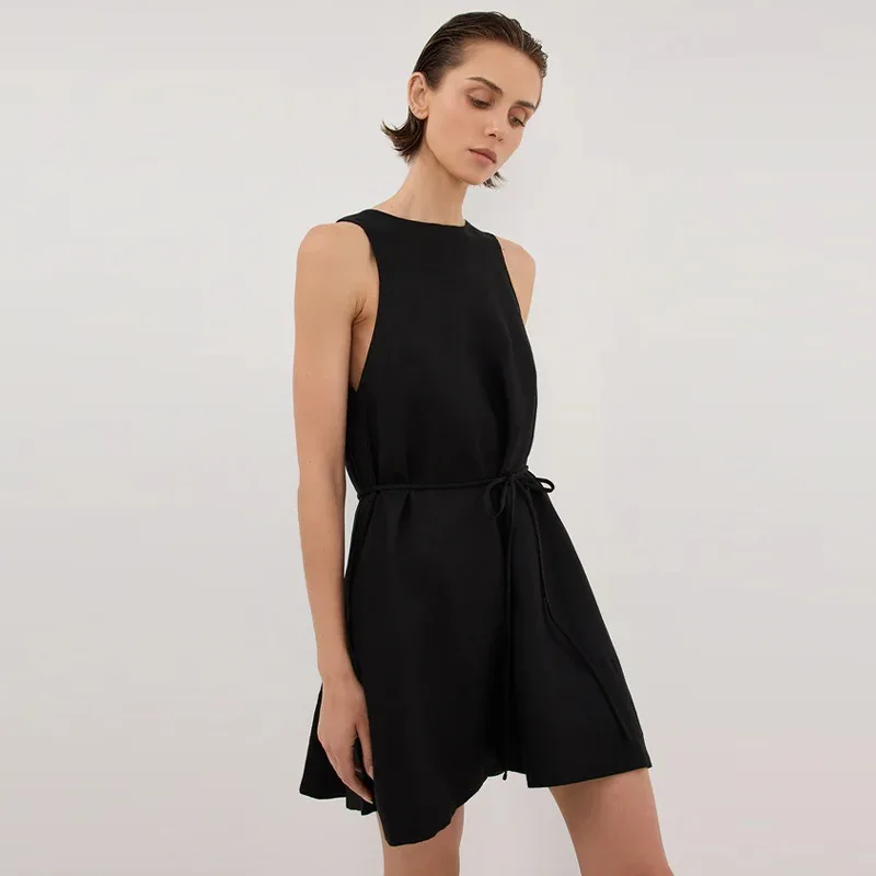 100% linnen elegante korte damesjurken met veters nieuwe zomer mouwloze losse strandvakantie a-lijn mini-jurk boho-jurken