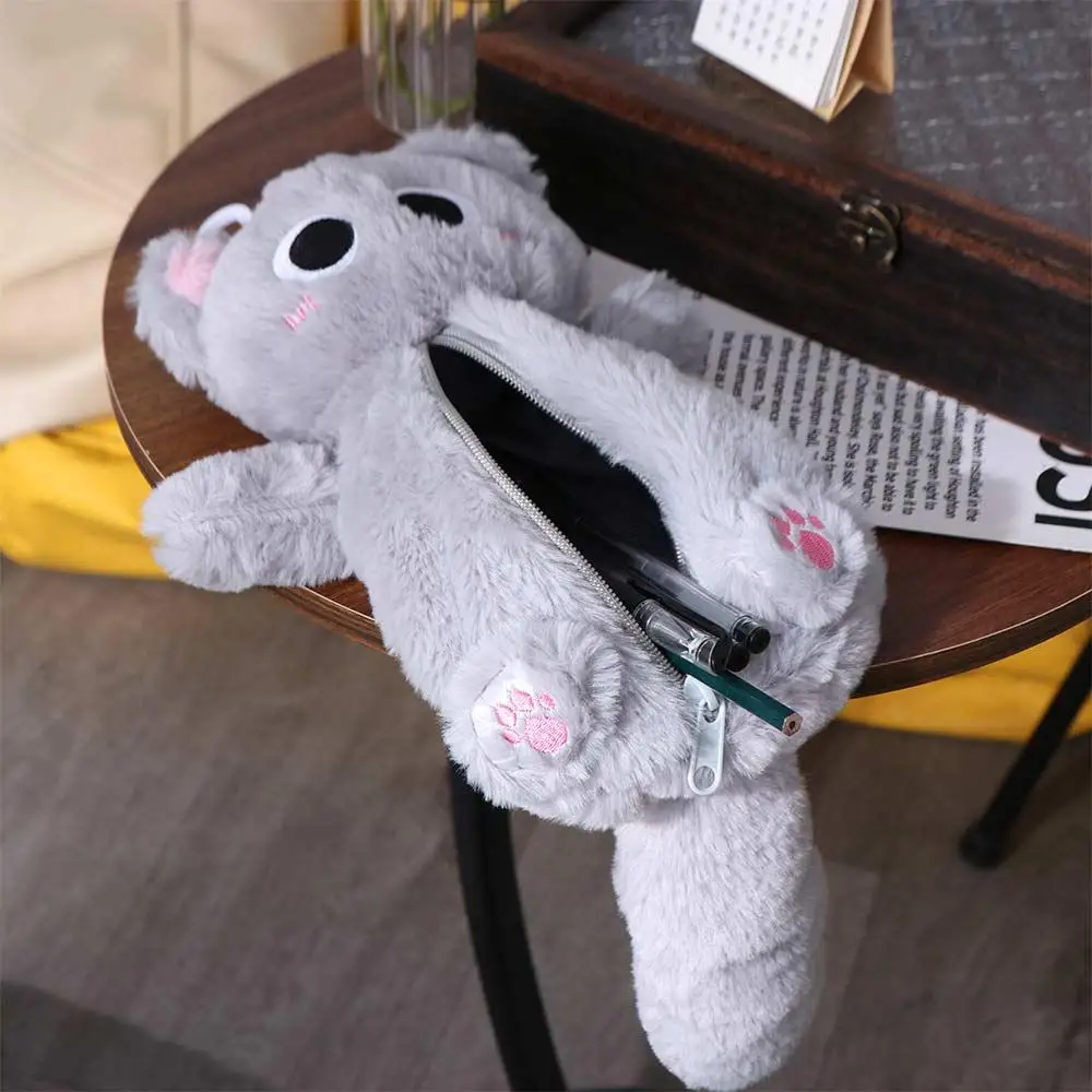 Pen Holder Plush Gray Cat Pencil Bag Thicken Zipper Cute Kitten Pencil Case Large Capacity Soft Kitten Stationery Bag Children